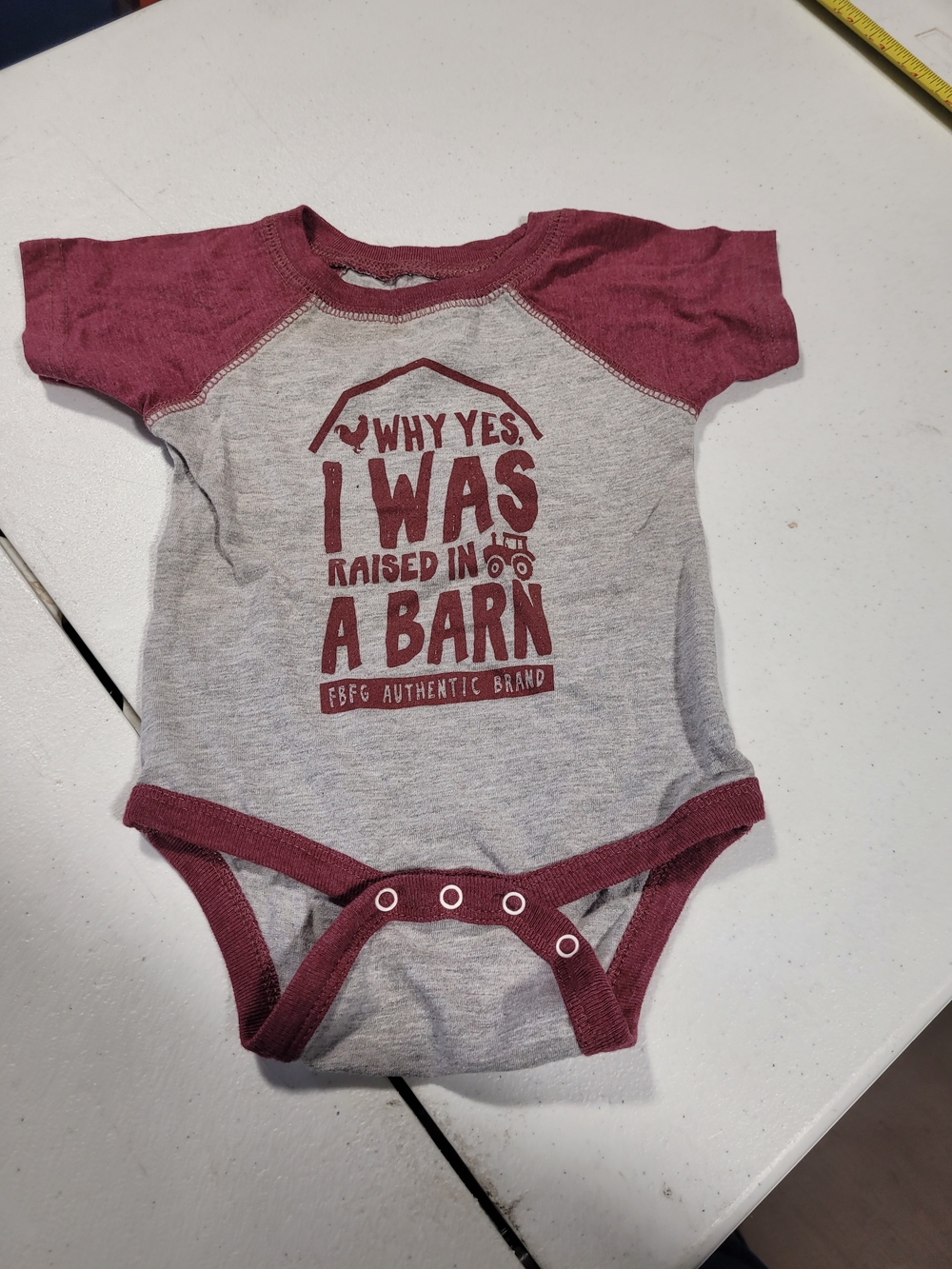 Kids One-Piece Bodysuit with Burgundy Trim - Farm Graphic